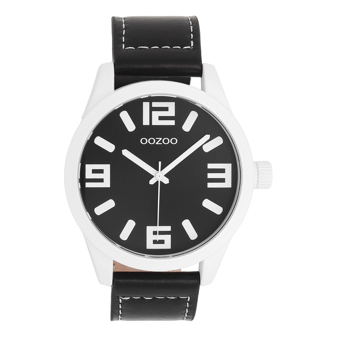 Silver coloured OOZOO watch with Black leather strap